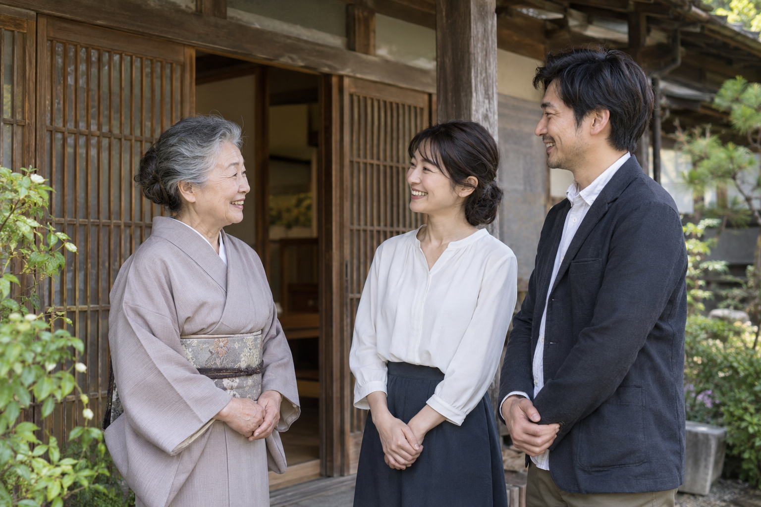 民宿の玄関先で話す三人